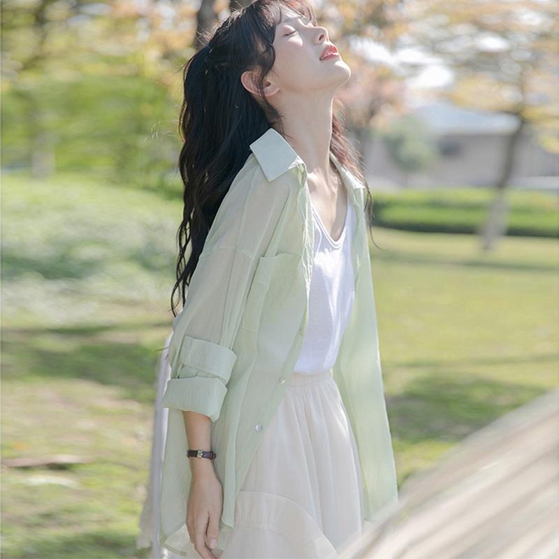 シャツ 羽織り 夏 薄手 レディース 日焼け防止 ひんやり 涼しい シアー 長袖 通気性 トップス 前開き ボタン 襟付き 大きいサイズ かわいい レジャー 普段使い 体温調節 緑 白 ピンク