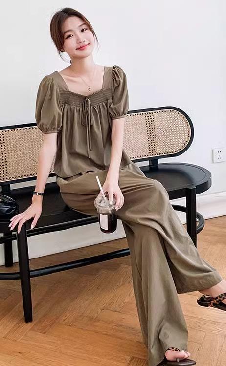セットアップ 夏 レディース ワイドパンツ スリム 半袖 パフスリーブ ドレープ スクエアネック シンプル カジュアル 緑 アプリコット