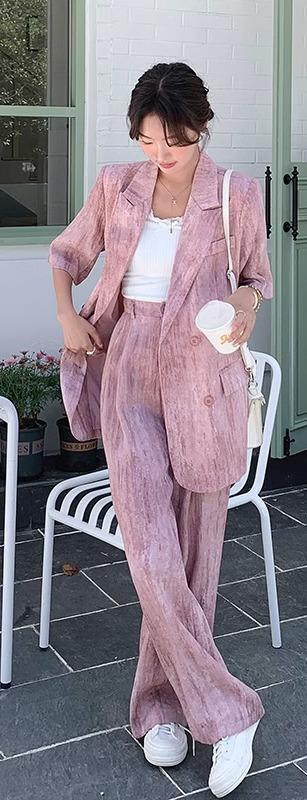 セットアップ 夏 レディース ワイドパンツ ハイウエスト スリム ヴィンテージ風 薄手 半袖 ジャケット シンプル カジュアル スタイリッシュ ピンク