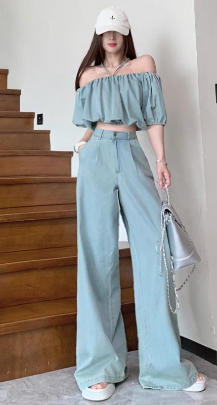 セットアップ 夏 レディース ワイドパンツ デニム 西欧風 オフショルダー パフスリーブ へそ出し シンプル カジュアル スタイリッシュ 青