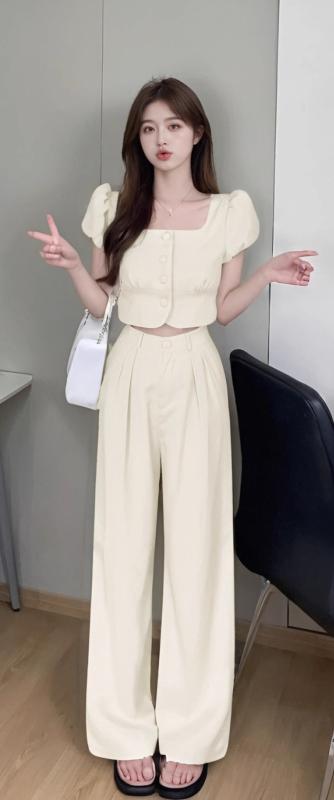 Suits For Job Interviews - セットアップ 夏 レディース ワイドパンツ 薄手 ハイウエスト パフスリーブ スクエアネック シンプル カジュアル きれいめ エレガント 青 黒 アプリコット
