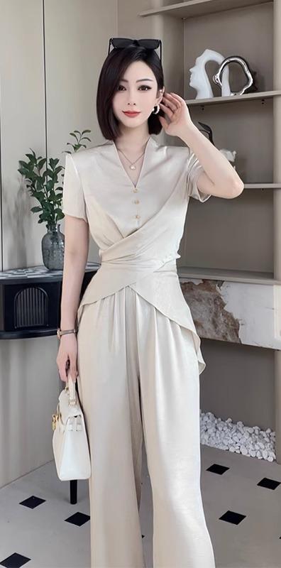 Nylon, Rayon, Polyester - セットアップ 夏 レディース ワイドパンツ スリム 半袖 Vネック 結婚式 二次会 シンプル エレガント きれいめ グレー シャンパン 黒