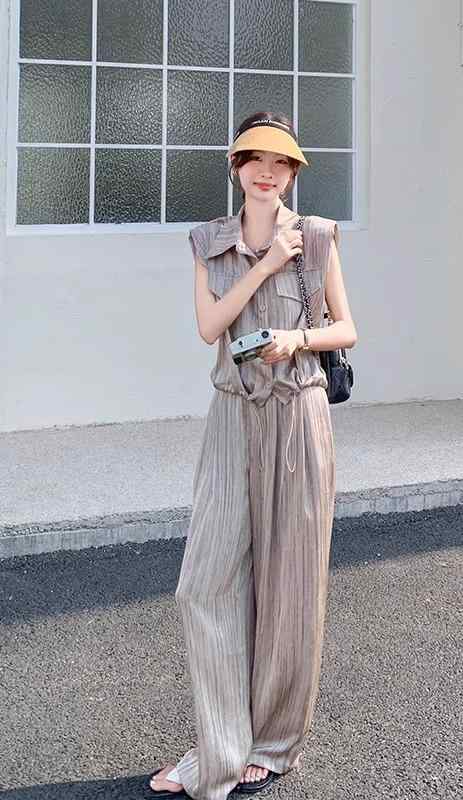 セットアップ 夏 レディース ワイドパンツ スリム ノースリーブ 襟付き 前開き シンプル カジュアル スタイリッシュ おしゃれ カーキ