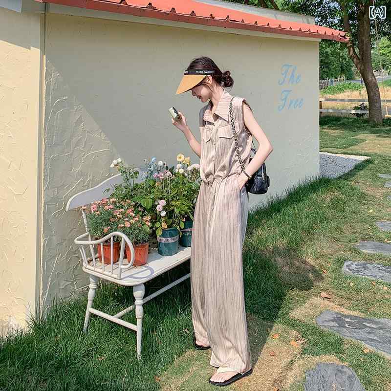 セットアップ 夏 レディース ワイドパンツ スリム ノースリーブ 襟付き 前開き シンプル カジュアル スタイリッシュ おしゃれ カーキ