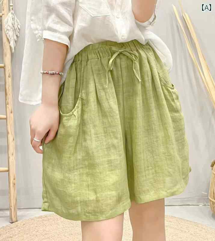 ショートパンツ リネン レディース 夏 薄手 ボトムス 涼しい ゆったり スリム ウエストゴム シンプル カジュアル 黒 緑 ピンク 無地