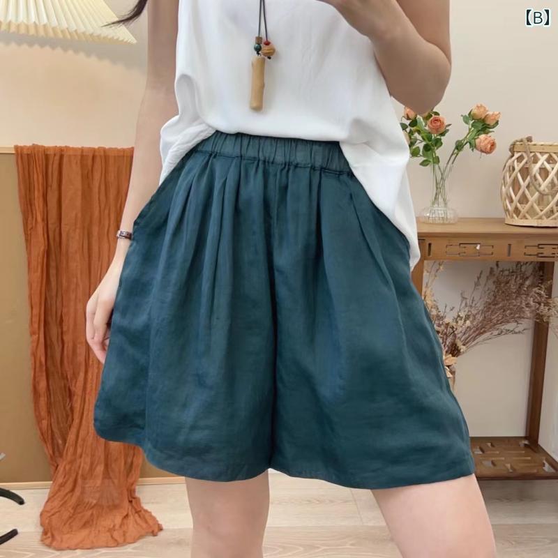 ショートパンツ リネン レディース 夏 薄手 ボトムス ゆったり ワイドレッグ ウエストゴム スリム シンプル カジュアル ピンク 緑 紫