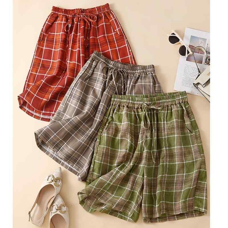 ショートパンツ レディース 夏 レトロ ボトムス コットン リネン 大きいサイズ ゆったり シンプル カジュアル 緑 赤 カーキ チェック柄