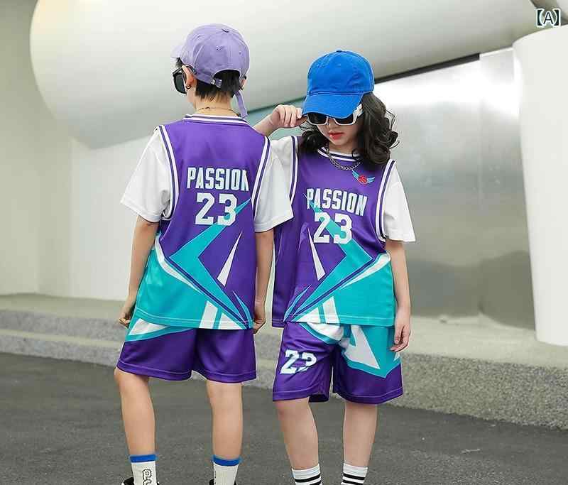 バスケ ウェア キッズ ユニフォーム 重ね着風 セットアップ 夏 スポーツ トレーニング ジャージ 薄手 ゆったり 軽量 通気性 ウエストゴム 靴下 ヘッド リストバンド 赤 青 白