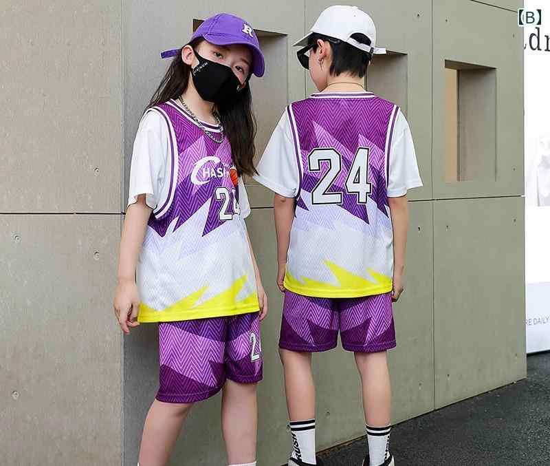 バスケ ウェア キッズ ユニフォーム 重ね着風 セットアップ 夏 スポーツ トレーニング ジャージ 薄手 ゆったり 軽量 通気性 ウエストゴム 靴下 ヘッド リストバンド 赤 青 白