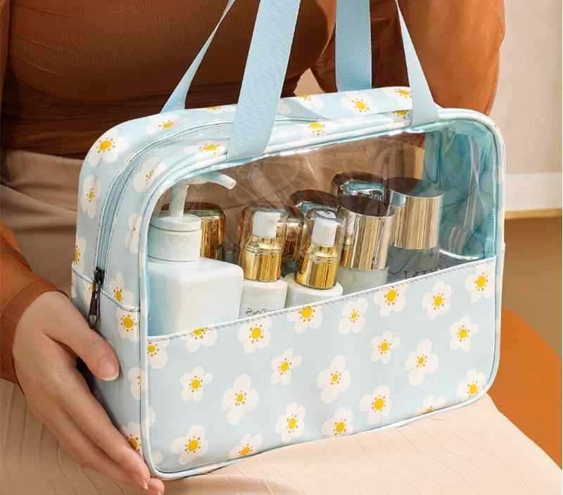 コスメポーチ 大容量 ビニール レディース 大人 子供 水泳 スイミング ビーチ 旅行 化粧バッグ 手提げ 持ち手 トート 収納 防水 防湿 お手入れ簡単 PV...