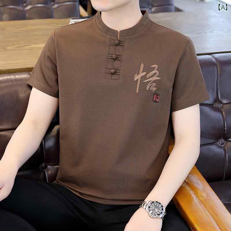 スタンドカラー シャツ メンズ 半袖 夏 薄手 中国 アンティーク調 トップス ボタン スリムフィット 大きいサイズ 刺繍 シンプル カジュアル 茶 緑 白