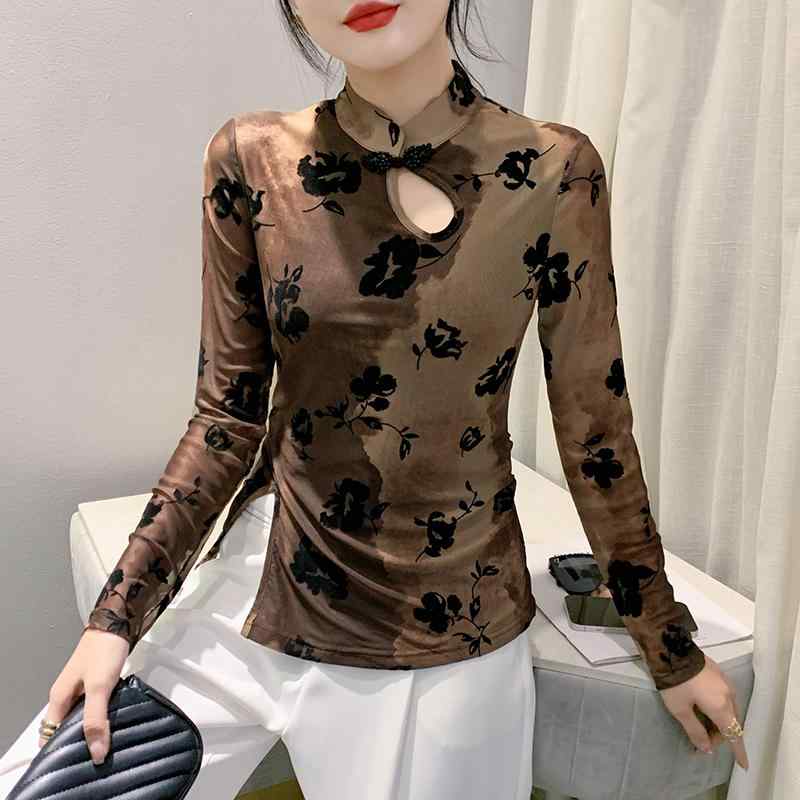 樂天商城 - トップス 長袖 レディース Tシャツ カットアウト スリムフィット おしゃれ チャイナ風 プリント 花柄 大きいサイズ 茶色 グレー 春秋 お出かけ 普段使い