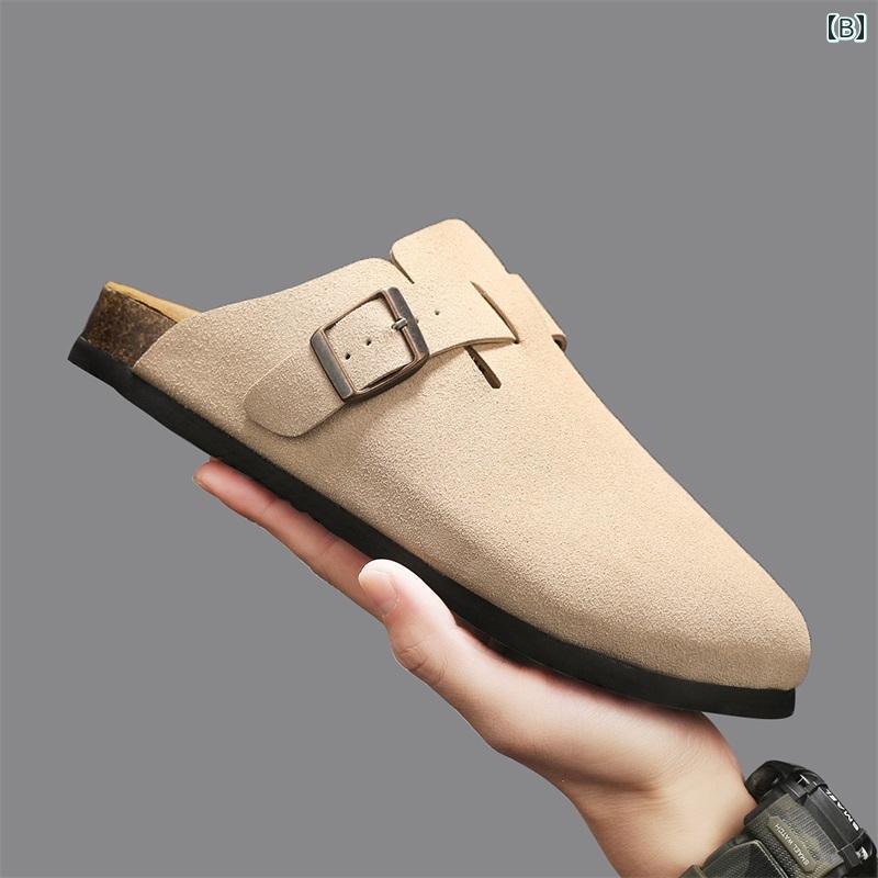 かかとなし シューズ メンズ フラット ハーフ スリッパ 夏 レイジー トゥ ヒールレス ビーチ サンダル ドライビング プレーン 通気性 茶 黒 ベージュ カーキ