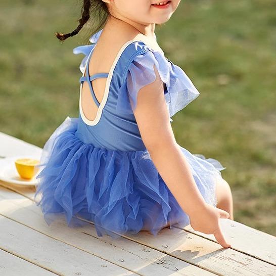 水着 ワンピース キッズ 女の子 ベビー チュール スカート 背中開き アームリング 浮き輪 フロート 通気性 色褪せしにくい 水遊び ビーチ かわいい 英字 青 アイボリー