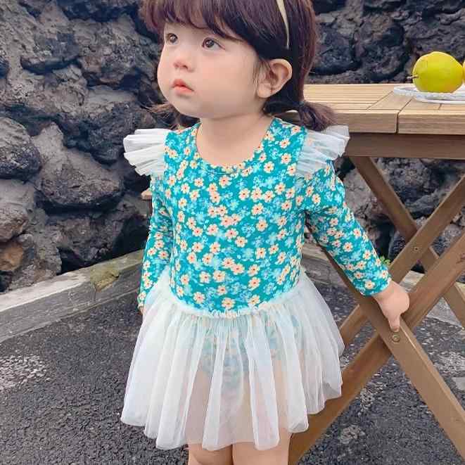 水着 ワンピース キッズ 女の子 ベビー チュール スカート 背中開き 長袖 日焼け防止 アームリング 浮..
