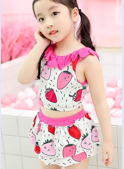 キッズ 水着 女の子 セパレート ベビー ラウンドネック 上下セット ワンピース 色褪せしにくい 水遊び ビーチ かわいい イチゴ ストライプ ウサギ ピンク 赤 青