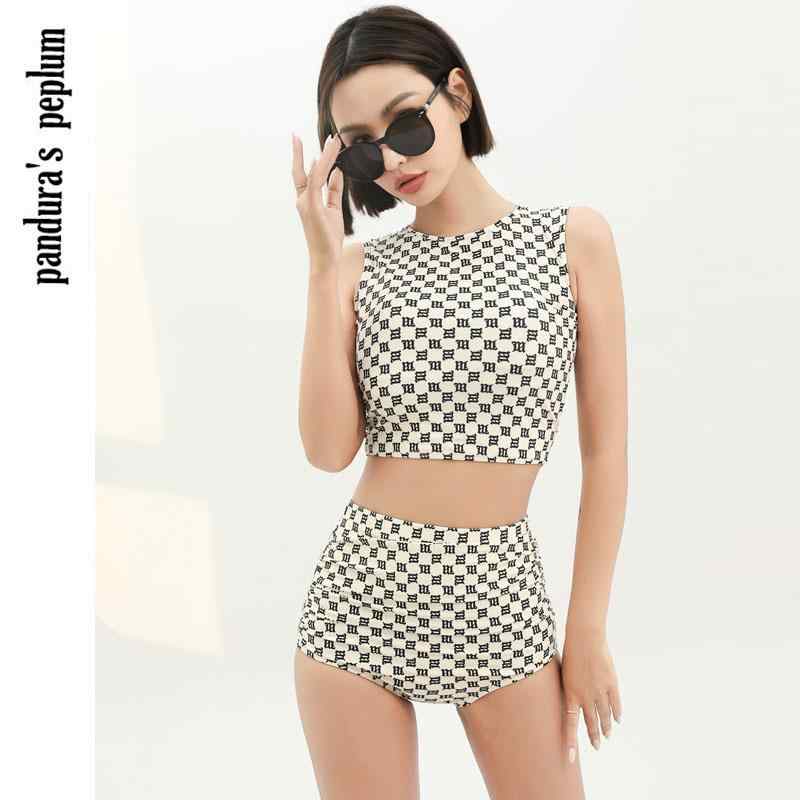 ビキニ レディース 水着 白 黒 レトロ ハイウエスト ワイヤーなし ラウンドネック セパレート 上下セット 海 プール 胸パッドあり パンツ(4.0)