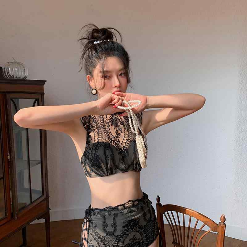 Two-Piece - ビキニ レディース 黒 レース 体型カバー 小胸 パンツ 水着 セパレート 上下セット 海 プール セクシー 温泉 繊細 おしゃれ 透け感