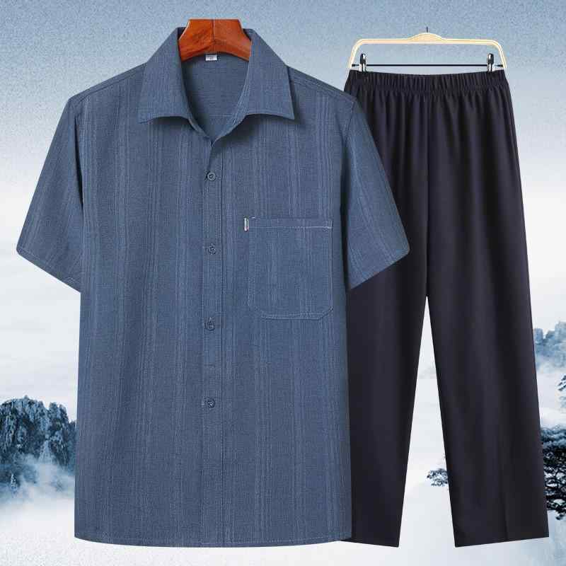 シニア 半袖 シャツ 紳士服 メンズ 春夏 上下セット ズボン 60代 お父さん おじいさん 前開き 通気性 吸湿性 柔らかい 快適 カジュアル 普段着 お出かけ 父の日 ギフト おしゃれ グレー 青