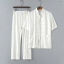 シニア 半袖 シャツ 紳士服 メンズ 60代 チャイナ風 リネン 薄手 春夏 上下セット トップス ズボン スタンドカラー レトロ 大きいサイズ お父さん おじ...