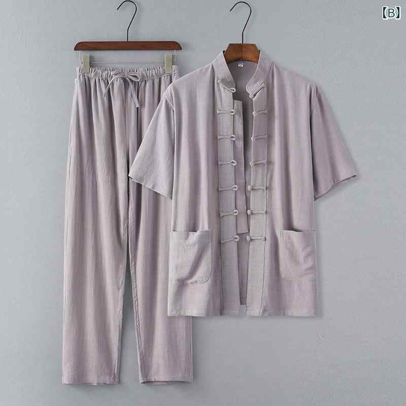 シニア 半袖 シャツ 紳士服 メンズ 60代 チャイナ風 リネン 薄手 春夏 上下セット トップス ズボン スタンドカラー レトロ 大きいサイズ お父さん おじいさん カジュアル ゆったり 普段着 お出かけ おしゃれ ギフト 白 グレー 黒 frontop-12257909 フロントップ楽天市場店 サンプル画像2