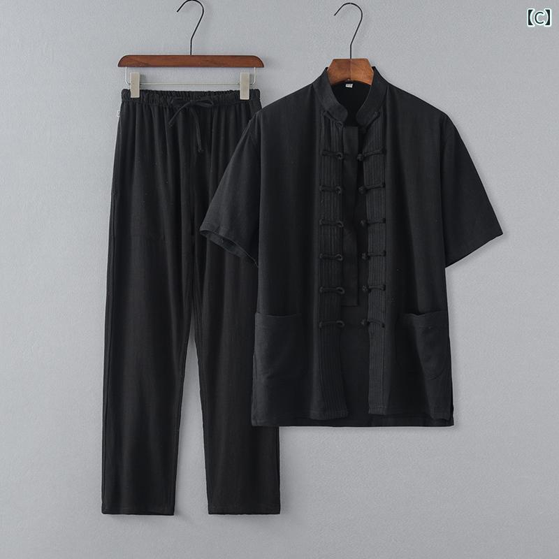 シニア 半袖 シャツ 紳士服 メンズ 60代 チャイナ風 リネン 薄手 春夏 上下セット トップス ズボン スタンドカラー レトロ 大きいサイズ お父さん おじいさん カジュアル ゆったり 普段着 お出かけ おしゃれ ギフト 白 グレー 黒 frontop-12257909 フロントップ楽天市場店 サンプル画像3