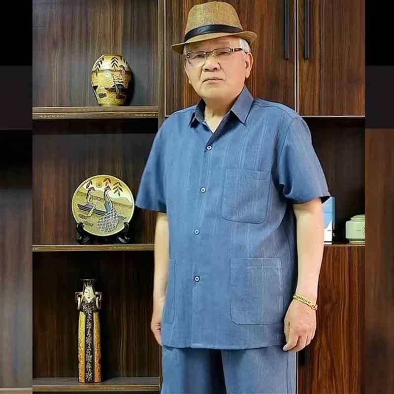 シニア 半袖 シャツ 紳士服 春夏 メンズ 60代 お父さん おじいさん 通気性 吸湿性 上下セット ズボン カジュアル 3ポケット お出かけ 普段着 おしゃれ 父の日 敬老 ギフト ストライプ グレー 青