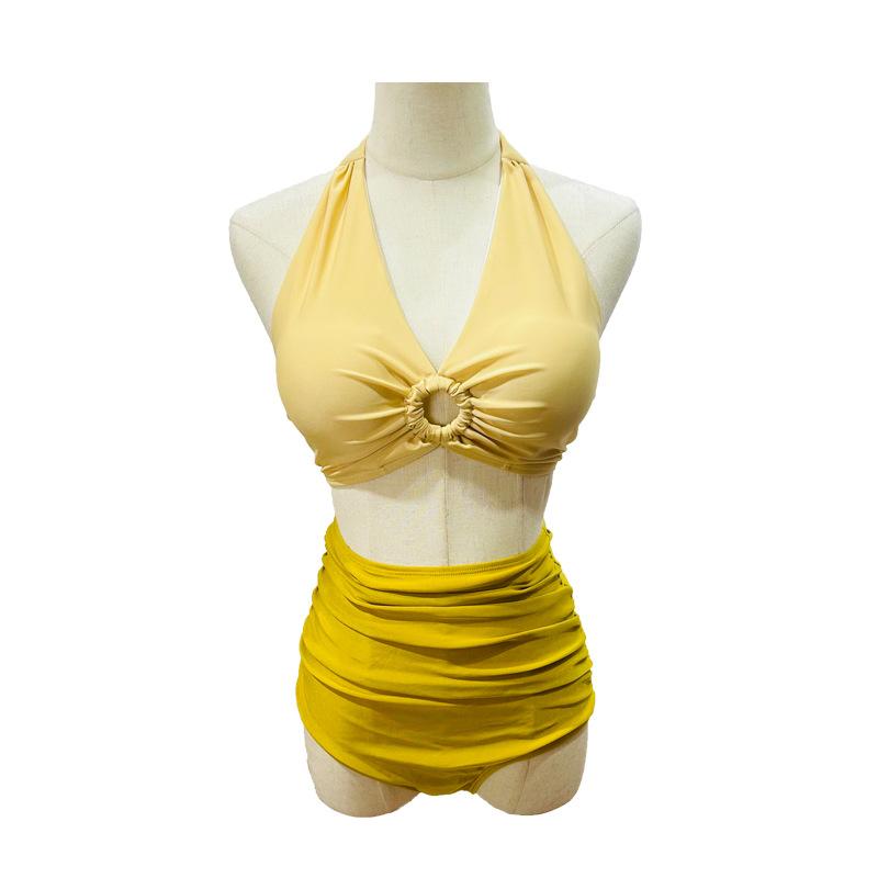 ビキニ レディース 水着 韓国 夏 プール ビーチ 海辺 ホルターネック バックオープン パレオ セット グレー 黒 黄 大人 シンプル おしゃれ