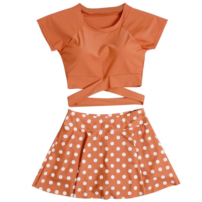 水着 セパレート 女の子 韓国 半袖 フレア 速乾 柔らかい スカート ラウンドネック 海 プール 川 夏 大きいサイズ レディース プリント ドット柄 かわいい 黒 オレンジ