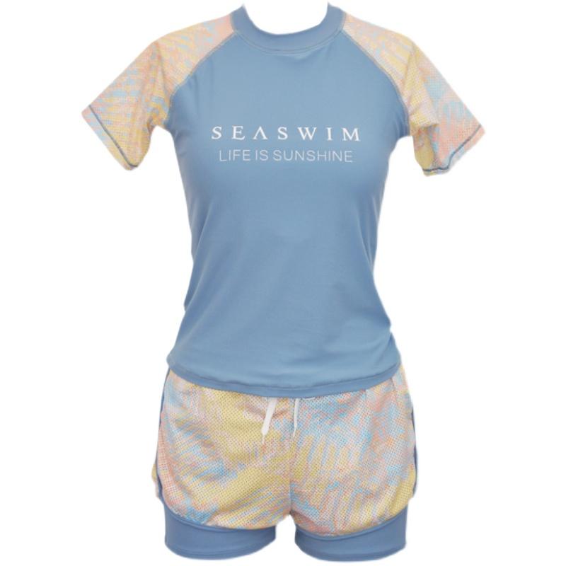 水着 セパレート 女の子 子供用 半袖 ショートパンツ メッシュ 紐 胸パッド ラウンドネック 日焼け防止 夏 海 プール 大きいサイズ レディース レタープリント 柄 おしゃれ ピンク 青(4.0)