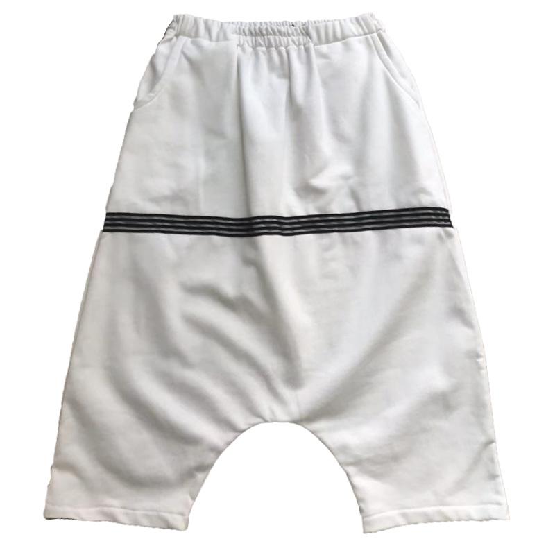 Cotton Pants - サルエル ハーフパンツ メンズ 男性 夏 薄手 綿 大きめ 五分丈 股下 ゆったり カジュアル 普段着 ヒップホップ 白 ライン ポケット