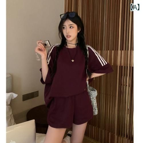 夏 セットアップ レディース スポーティ カジュアル おしゃれ ストリート レトロ ルーズ コントラスト カラー 半袖 ゆる Tシャツ ショートパンツ 女性