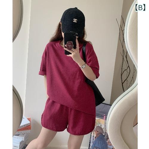 夏 セットアップ レディース スポーティ カジュアル おしゃれ ドラゴンフルーツ カラー 背き 半袖 ゆる Tシャツ ショーパン ルーズ ストリート レジャー 女性