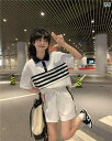 夏 セットアップ レディース スポーティ カジュアル おしゃれ ストライプ スプライシング ポロシャツ コントラスト カラー 半袖 ゆる Tシャツ ショートパンツ 女性用 & レジャー ホット