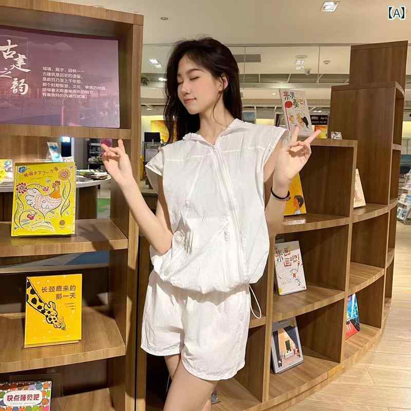 夏 セットアップ レディース スポーティ カジュアル おしゃれ 半袖 斜め ジッパー フード 日焼け防止 ジャケット ショーパン 女性