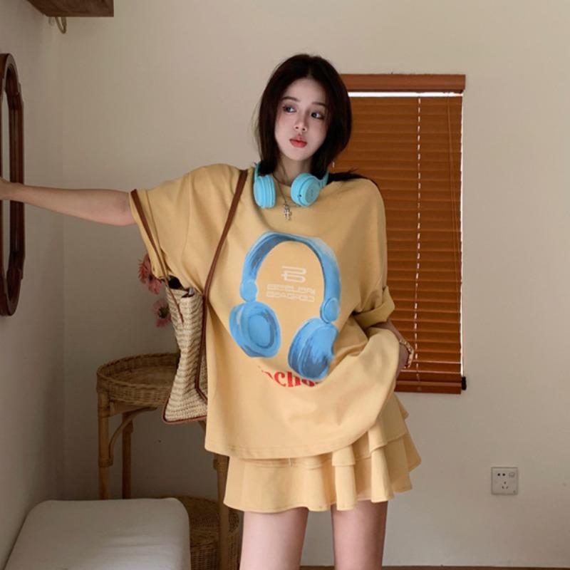 夏 セットアップ レディース スポーティ カジュアル おしゃれ 韓国 ルーズ プリント 半袖 ゆる Tシャツ ハイウエスト ケーキ スカート ストリート かわいい 女性 レジャー ビッグシルエット