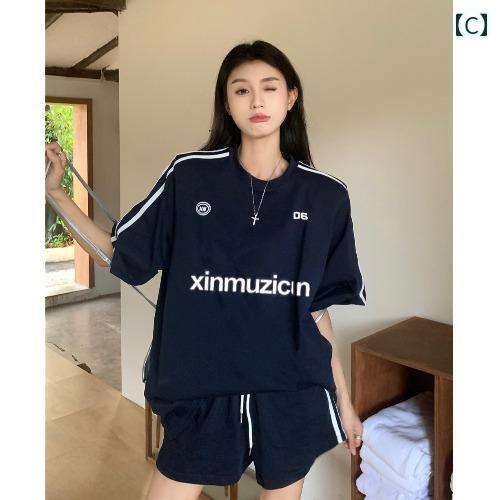 夏 セットアップ レディース スポーティ カジュアル おしゃれ レトロ アメカジ ストリート レーシング ゆったり 半袖 ゆる Tシャツ ショーパン 女性 レジャー frontop-12261437 フロントップ楽天市場店 サンプル画像3