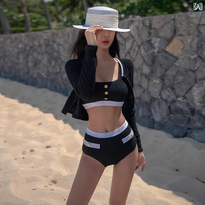 ビキニ レディース水着 夏 セパレート 胸パッド有り ワイヤー無し 羽織 ハイウエスト ボタン付き 海 プール 温泉 リゾート 旅行 レジャー 個性的 エレガント セクシー 黒 白