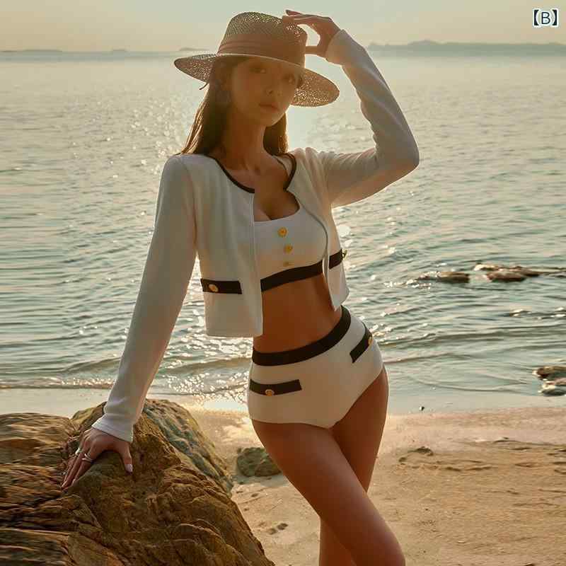 ビキニ レディース水着 夏 セパレート 胸パッド有り ワイヤー無し 羽織 ハイウエスト ボタン付き 海 プール 温泉 リゾート 旅行 レジャー 個性的 エレガント セクシー 黒 白
