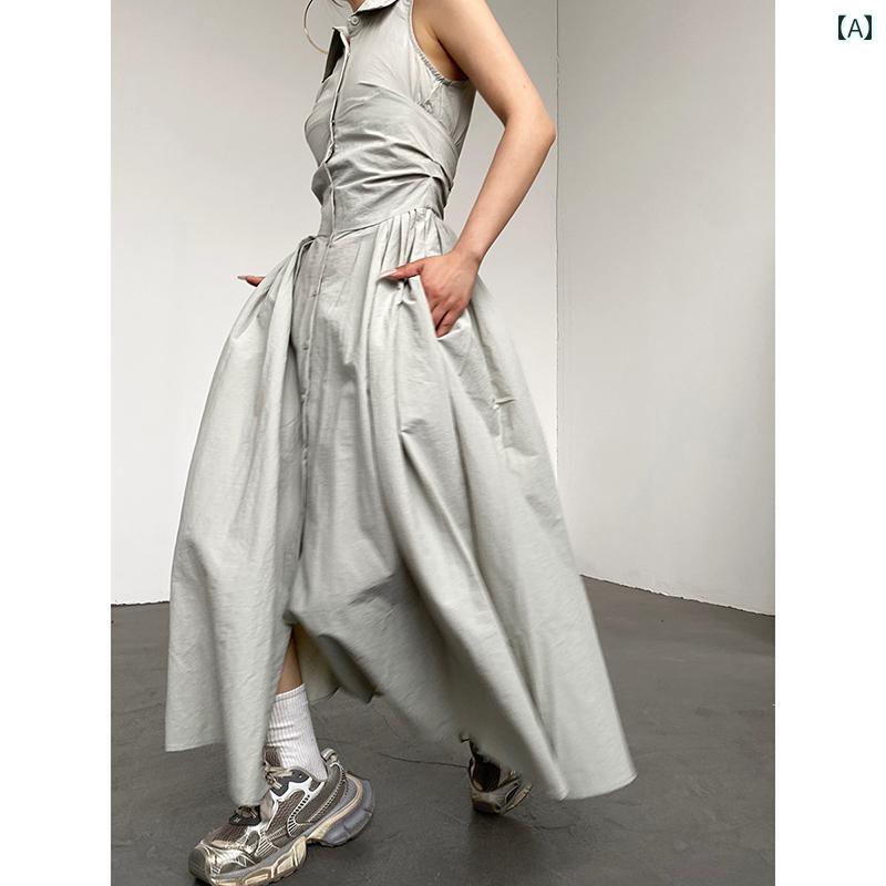 ワンピース レディース カジュアル おしゃれ 大きな スカート シャツ 襟 ノースリーブ 女性 夏 ロング スカート