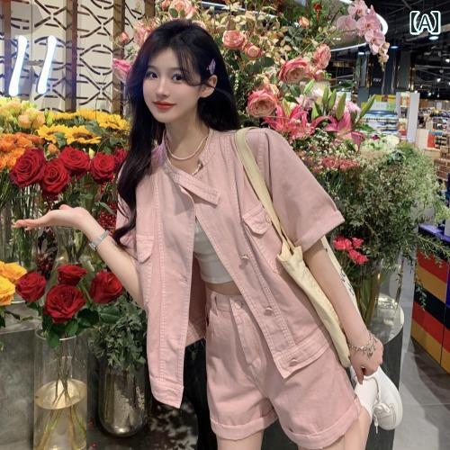 セットアップ デニム レディース カジュアル おしゃれ 甘い 半袖 ルーズ ピンク ジャケット ホットパンツ 夏 女性