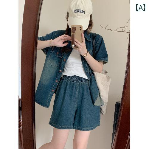 セットアップ デニム レディース カジュアル おしゃれ 韓国 レトロ 半袖 シャツ ジャケット ショートパンツ 女性 夏