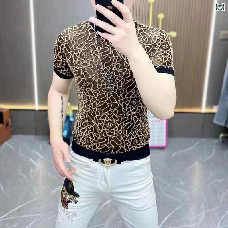 半袖tシャツ メンズ 夏 ヒョウ柄 ひんやり 涼しい 通気性 透け感 薄手 トップス クルーネック スリムフィット 大きいサイズ おしゃれ 黒 ゴールド