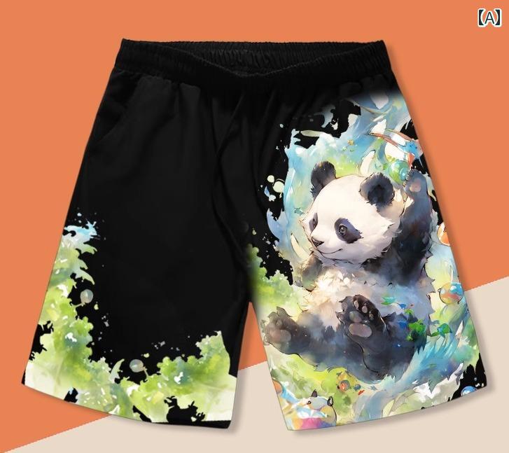 メンズ パンツ カジュアル レディース 子供 夏 五分丈 ショート ウエストゴム ポケット 速乾 通気性 ゆったり 親子コーデ ビーチ 普段使い 大きいサイズ パンダ 黒 赤 青