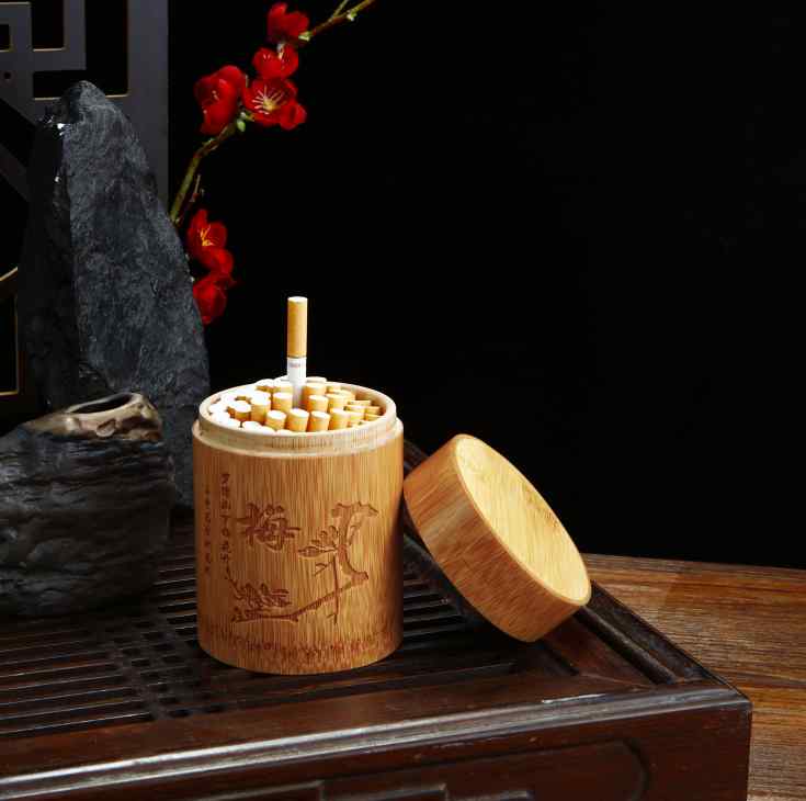 タバコケース メンズ おしゃれ 車 卓上 ボックス ふた付き 収納 彫刻 チャイナ風 ポータブル 竹 木製 ギフト 紳士 筒型 漢字 伝統的