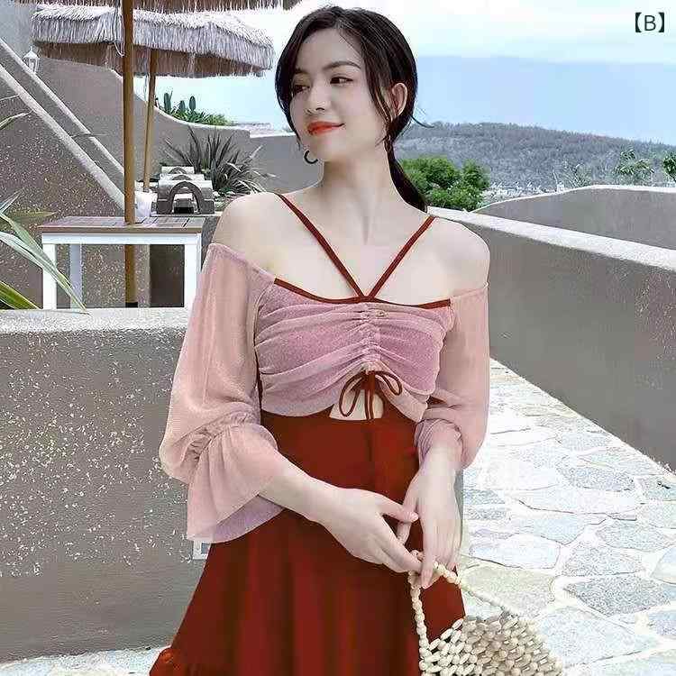 水着 レディース 体型カバー 大きいサイズ 細見え お腹 レジャー 温泉 ぽっちゃり ブルー ワインレッド Vネック おしゃれ