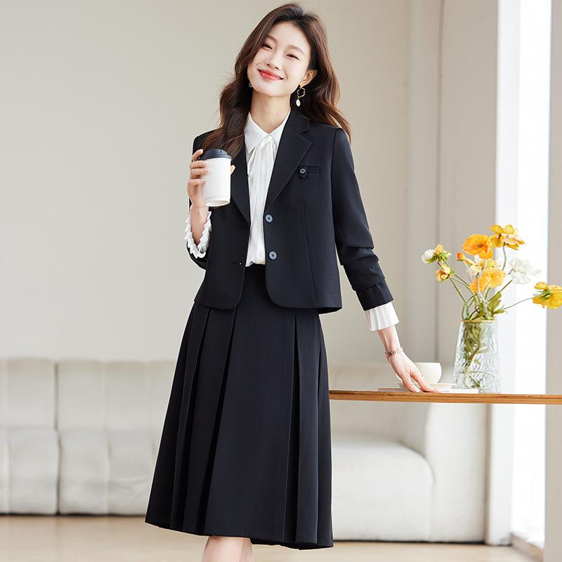 セットアップ レディース テーラードジャケット ブレザー スカート 制服風 学院風 トラッド 通勤 オフィス セレモニー ブラック グレー ブルー 春秋 長袖 高級感 ミディ丈 膝丈 ストレッチ 伸縮性 ポリエステル