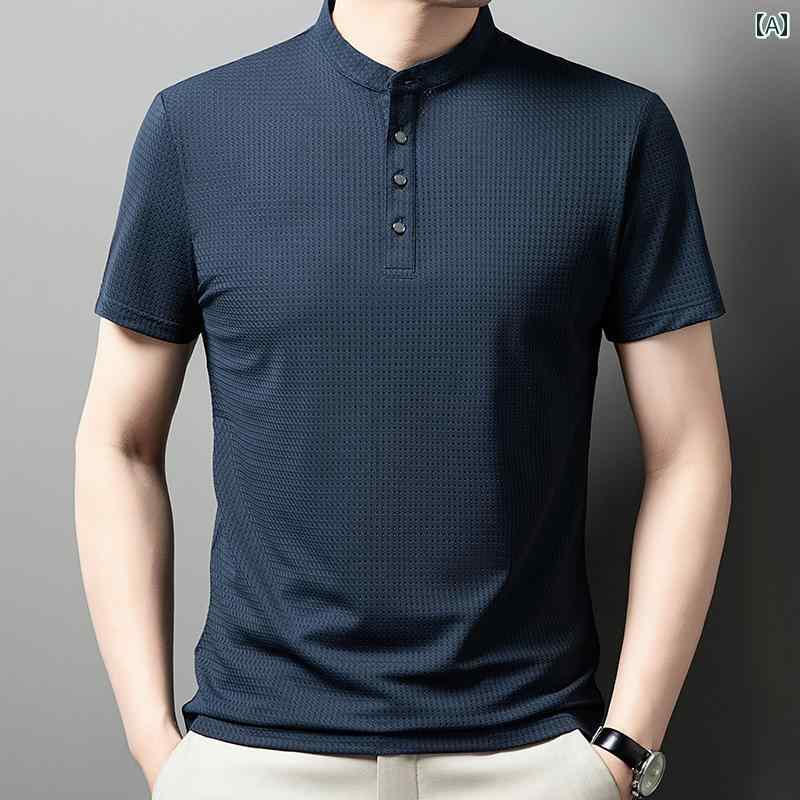 T-Shirts - スタンドカラー シャツ メンズ 半袖 春夏 トップス プルオーバー ハーフボタン ひんやり 涼しい ゆったり 薄手 通気 吸湿 しわになりにくい カジュアル おしゃれ シンプル 紺 グレー 黒 大きいサイズ