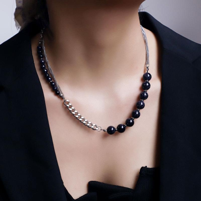 ネックレス メンズ レトロ 中国風 チタン鋼 ブルー ストーン 珠 チェーン 男女兼用 ヒップ ホップ おしゃれ 個性的 アクセサリー スチールカラー