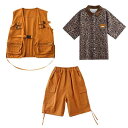 半袖 襟付き シャツ キッズ 男の子 女の子 子供用 ゆったり 上下セット トップス ボトムス ショートパンツ スカーフ 靴下 ベスト ポケット ヒップホップ パフォーマンス ダンス ヒョウ柄 プリント 無地 かっこいい オレンジ